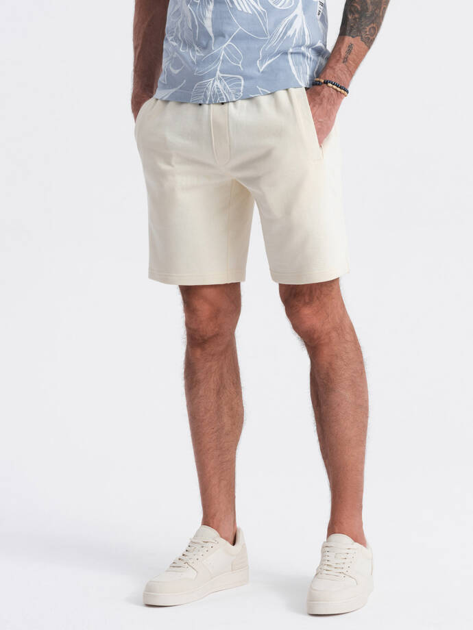Men's knitted shorts with drawstring and pockets - cream V12 OM-SRBS-0139