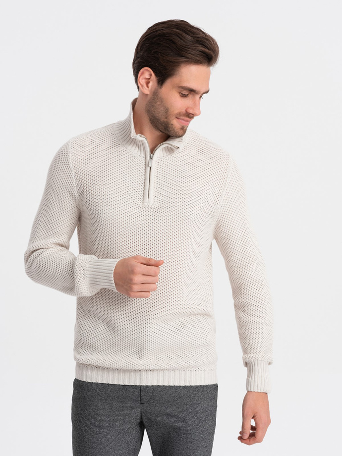 Men's knitted sweater with spread collar - cream V1 OM-SWZS-0105