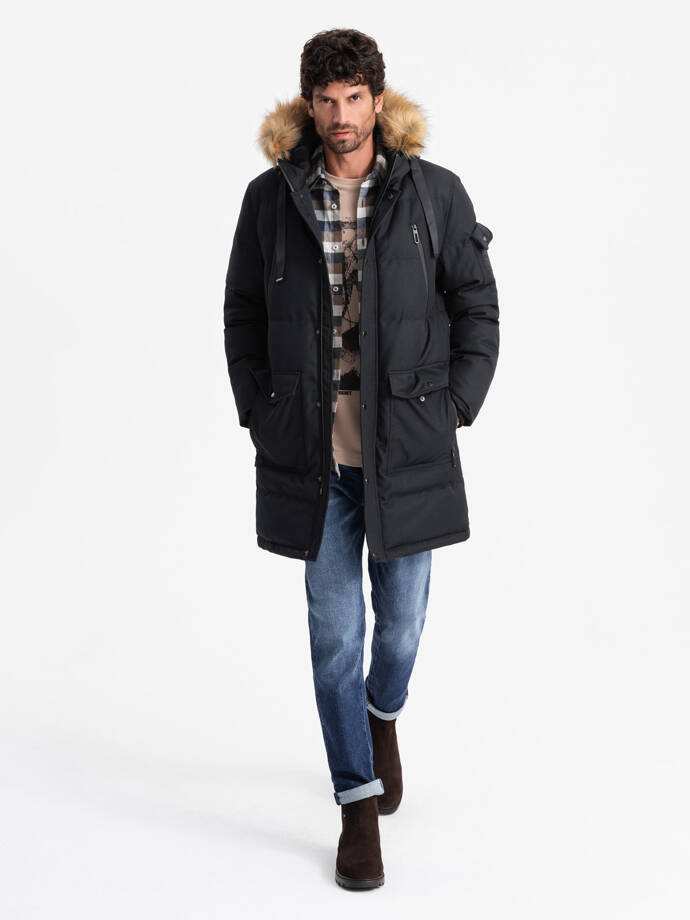 Men's long warm parka jacket with hood - black V2 OM-JALJ-0182