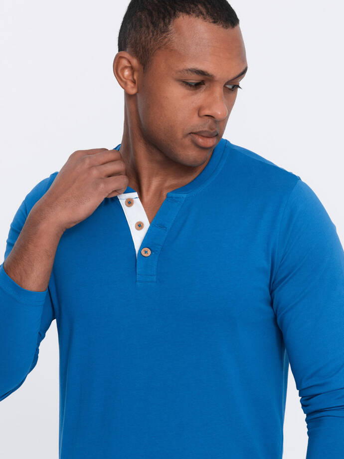 Men's longsleeve with buttons at the neckline - blue V2 OM-LSCL-0107