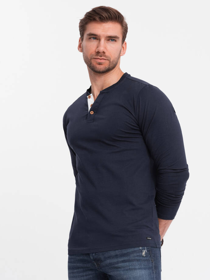 Men's longsleeve with buttons at the neckline - navy blue V3 OM-LSCL-0107