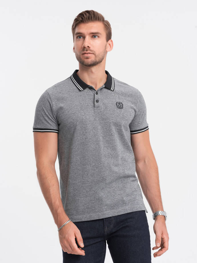 Men's melange polo shirt with striped collar - black V1 OM-POSS-0109