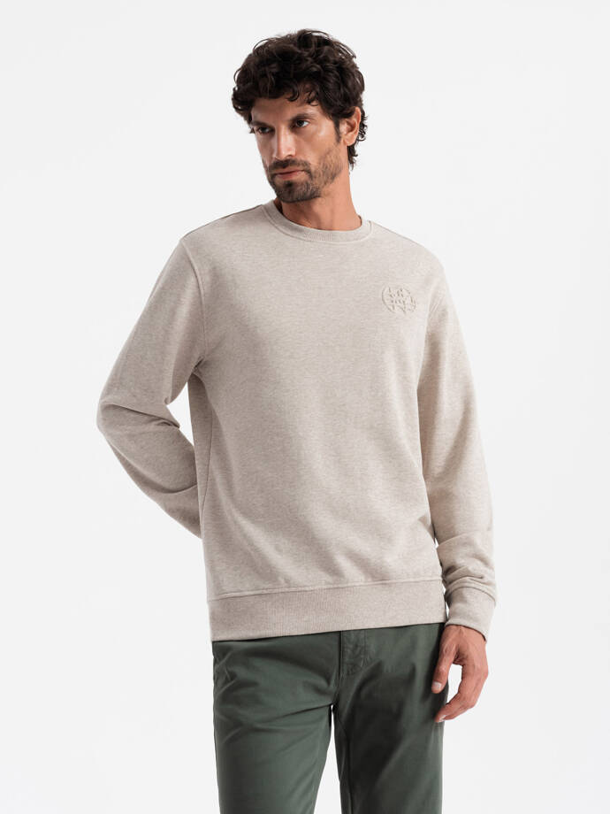 Men's mélange sweatshirt with embroidered logo - beige V2 OM-SSNZ-0163