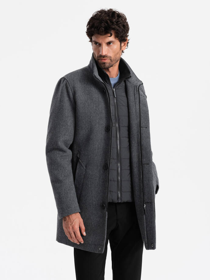 Men's melange winter coat with quilted lining - graphite melange V1 OM-COWC-0116