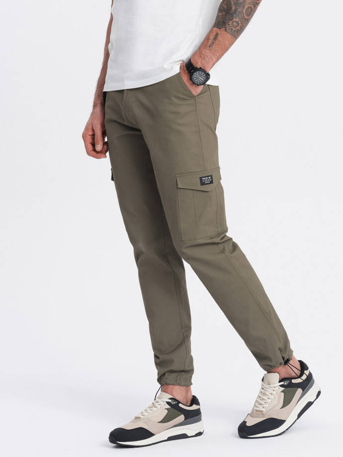 Men's pants with cargo pockets and leg hem - dark olive green V1 OM-PACG-0189