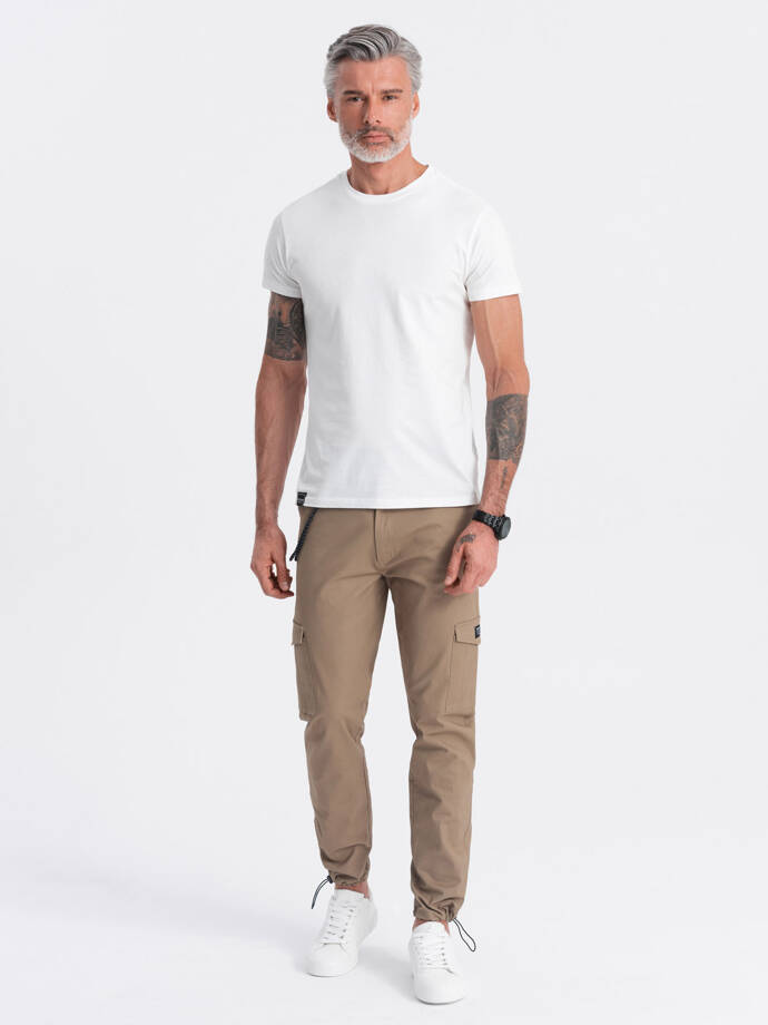 Men's pants with cargo pockets and leg hem - light brown V3 OM-PACG-0189