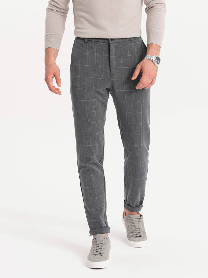 Men's pants with elastic waistband in delicate check - gray V2 OM-PACP-0120