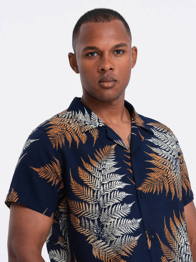 Men's patterned viscose shirt with short sleeves - fern V3 OM-SHPS-0113