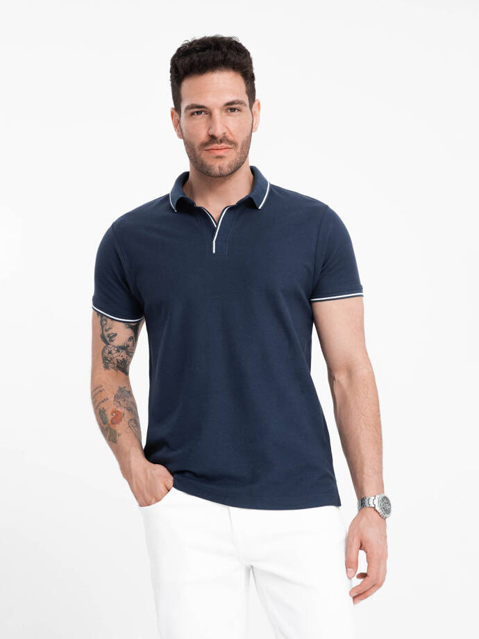 Men's pique knit polo shirt without buttons - navy blue V3 OM-POSS-0110