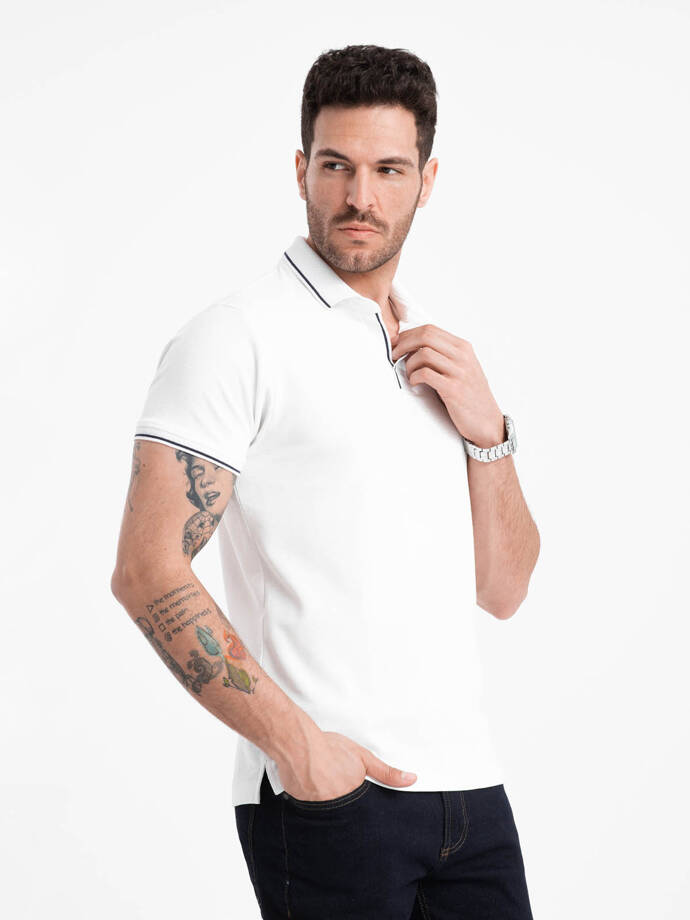 Men's pique knit polo shirt without buttons - white V1 OM-POSS-0110