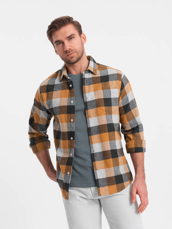 Men's plaid flannel shirt - yellow and black V2 OM-SHCS-0150