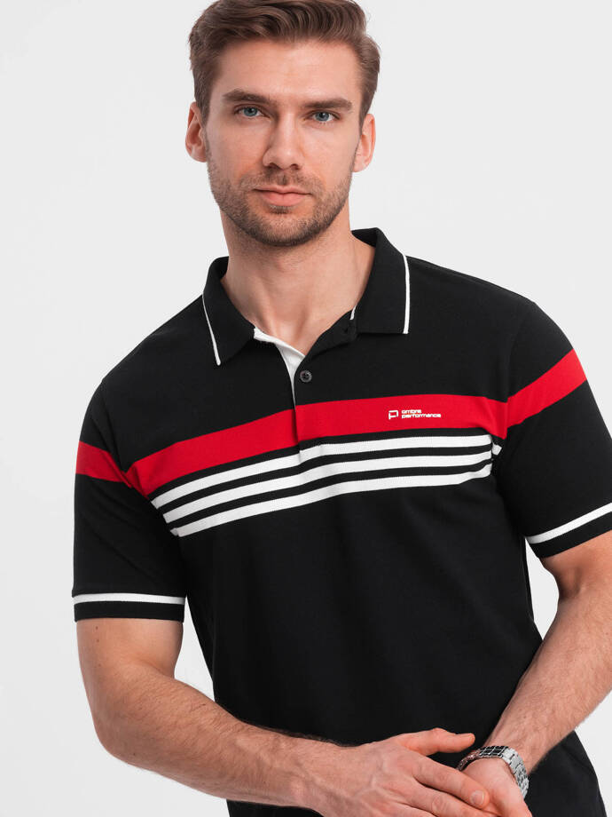 Men's polo shirt with tricolor stripes - black V2 OM-POSS-0127