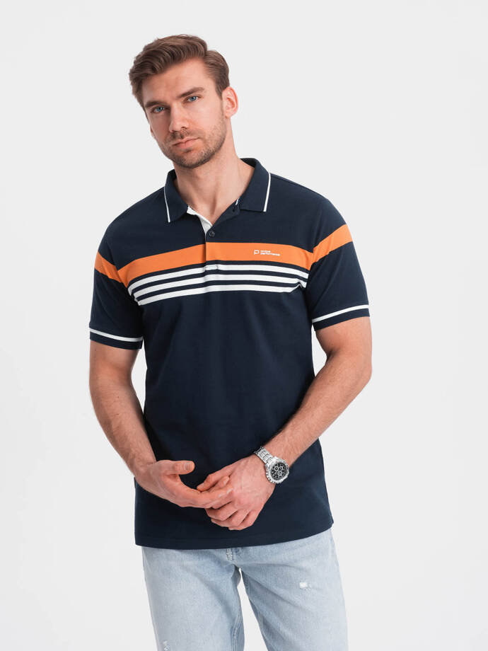 Men's polo shirt with tricolor stripes - navy blue V1 OM-POSS-0127