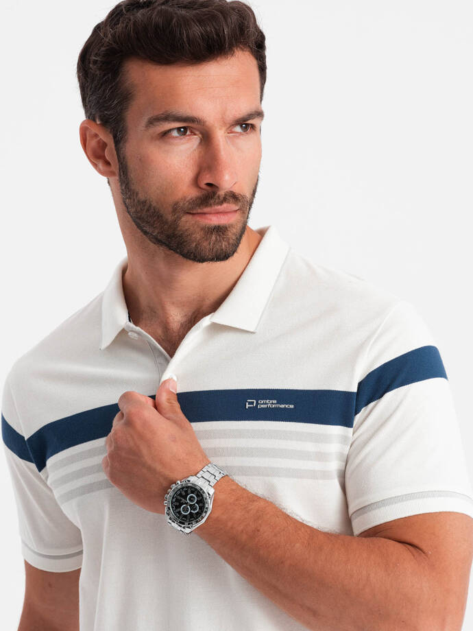 Men's polo shirt with tricolor stripes - white V4 OM-POSS-0127