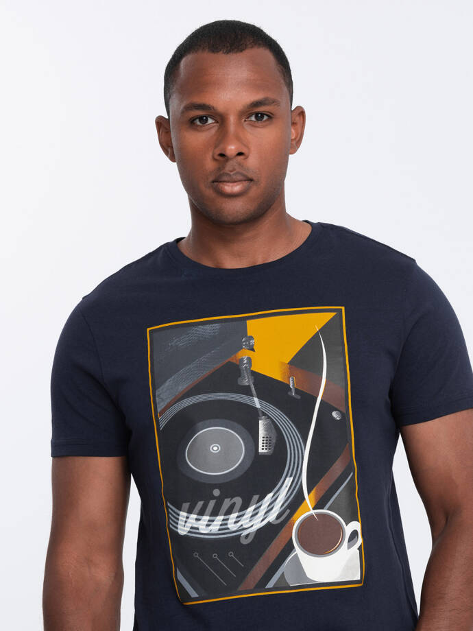 Men's printed cotton t-shirt vinyl - navy blue V2 OM-TSPT-0119