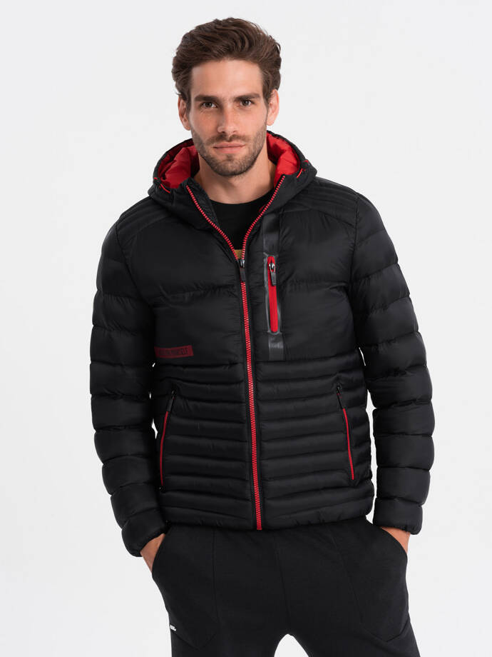 Men's quilted jacket with hood - black V3 OM-JALP-0120