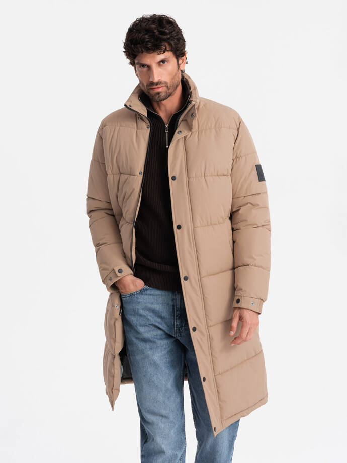 Men's quilted long jacket with detachable hood - beige V2 OM-JALJ-0190