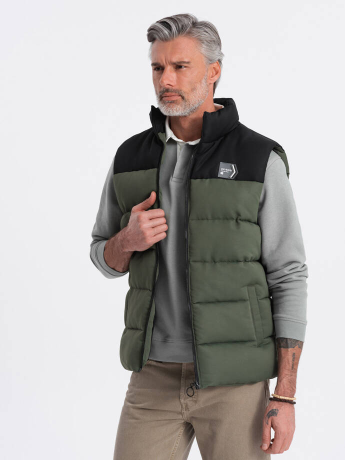 Men's quilted sleeveless jacket in contrasting colors - olive V4 OM-JAVJ-0161
