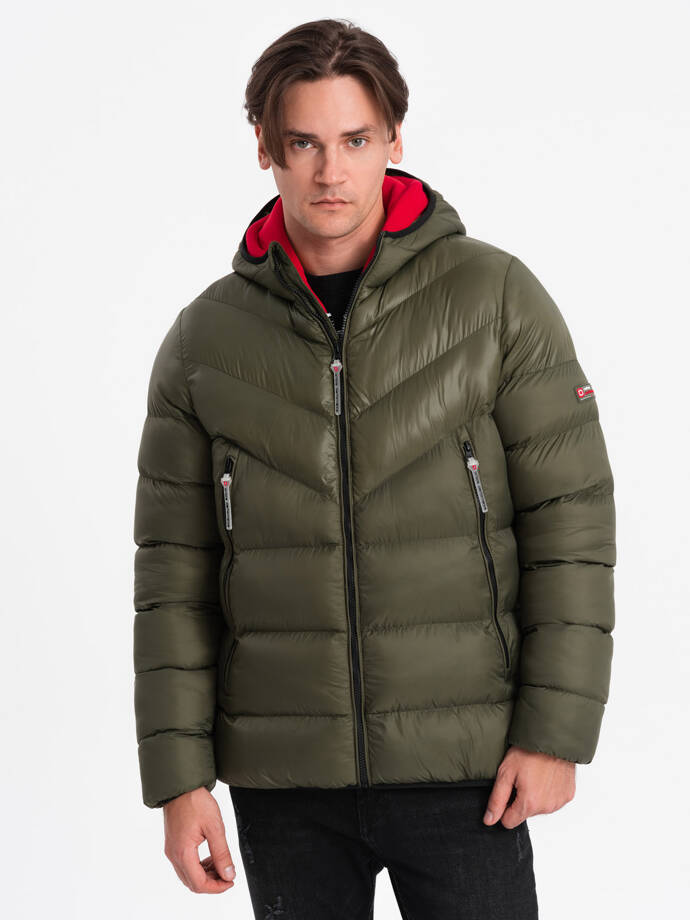 Men's quilted winter jacket with combined materials - dark olive green V3 OM-JAHP-0145