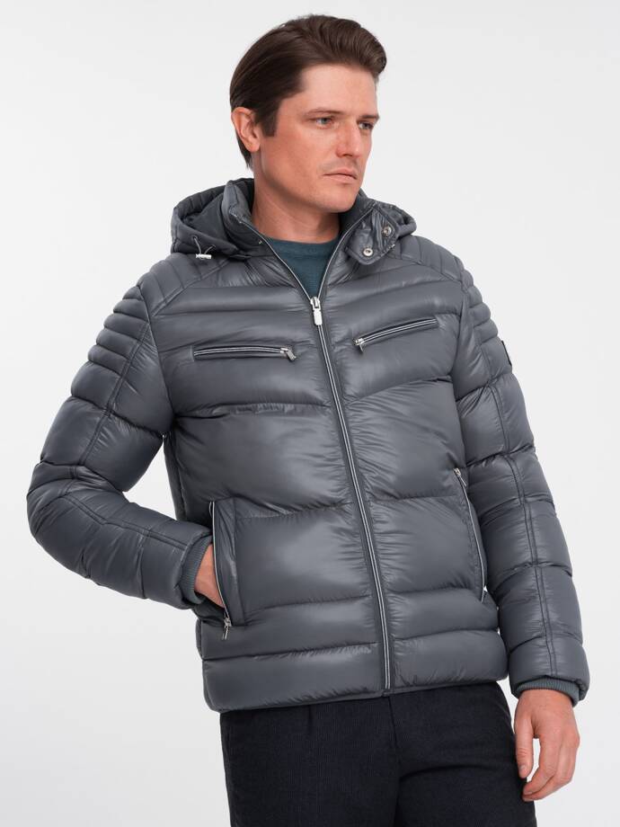 Men's quilted winter jacket with decorative zippers - graphite V3 OM-JAHP-22FW-010