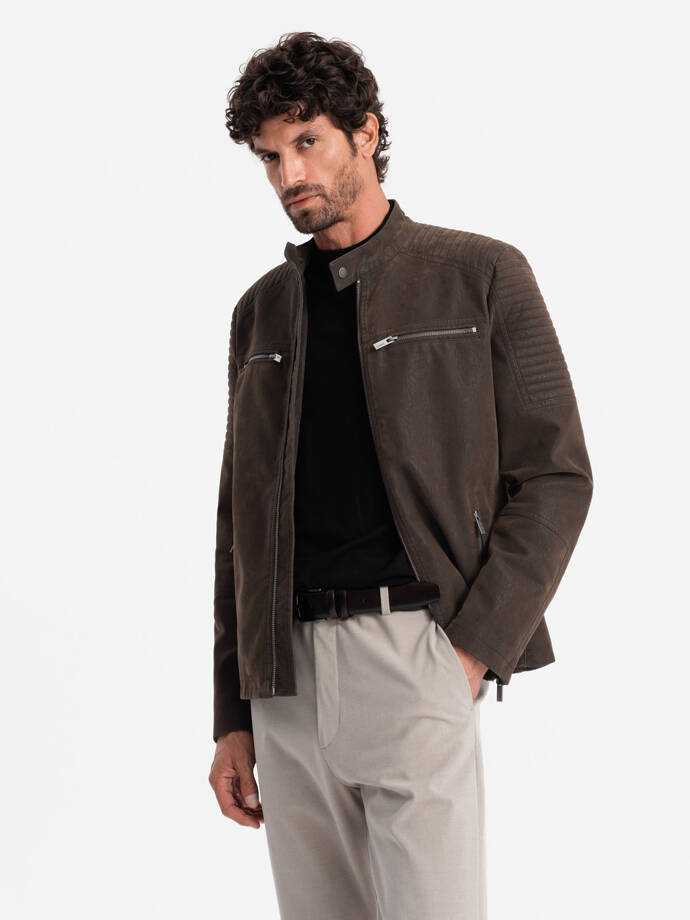 Men's retro biker jacket with stand-up collar - brown V1 OM-JAFL-0197