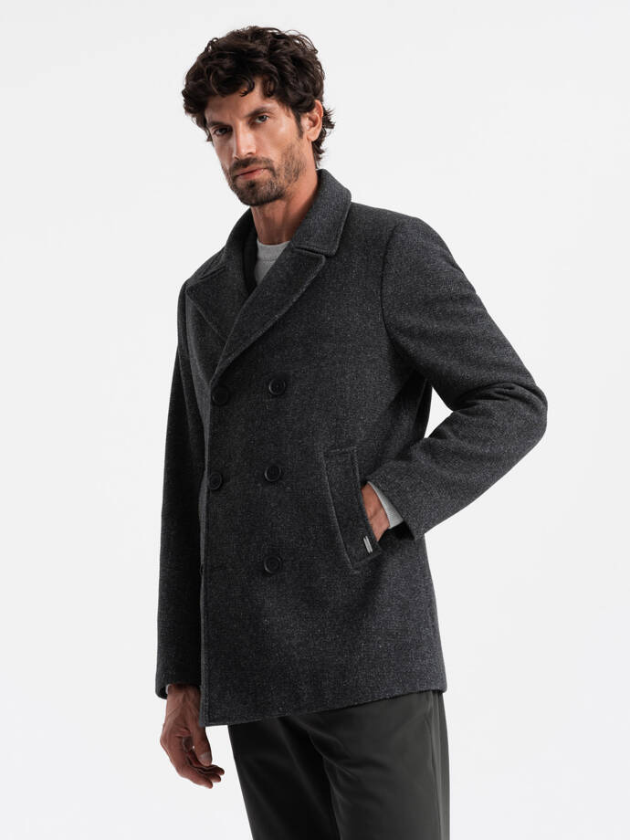 Men's short double-breasted coat with wool - graphite V1 OM-COWC-0115