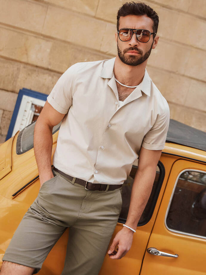 Men's short sleeve shirt with Cuban collar - cream V7 OM-SHSS-0168