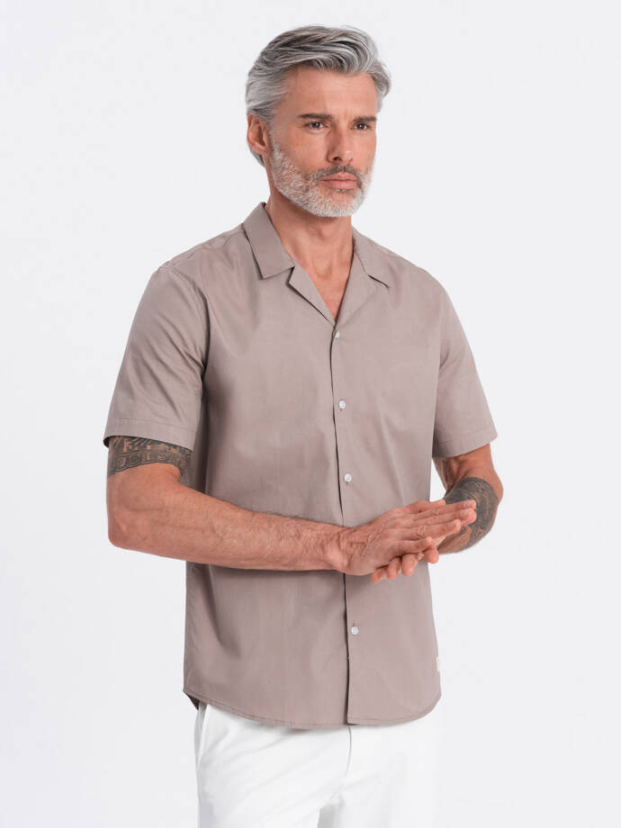 Men's short sleeve shirt with Cuban collar - dark beige V3 OM-SHSS-0168