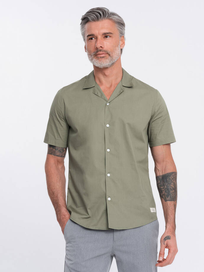 Men's short sleeve shirt with Cuban collar - khaki V4 OM-SHSS-0168