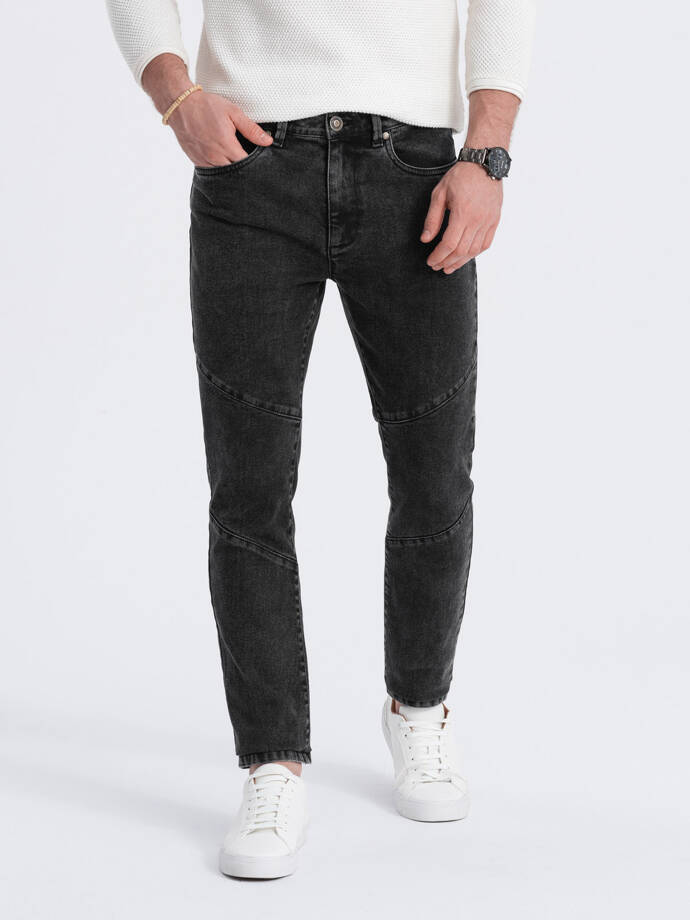 Men's slim fit denim pants with stitching at the knees - black V2 OM-PADP-0109