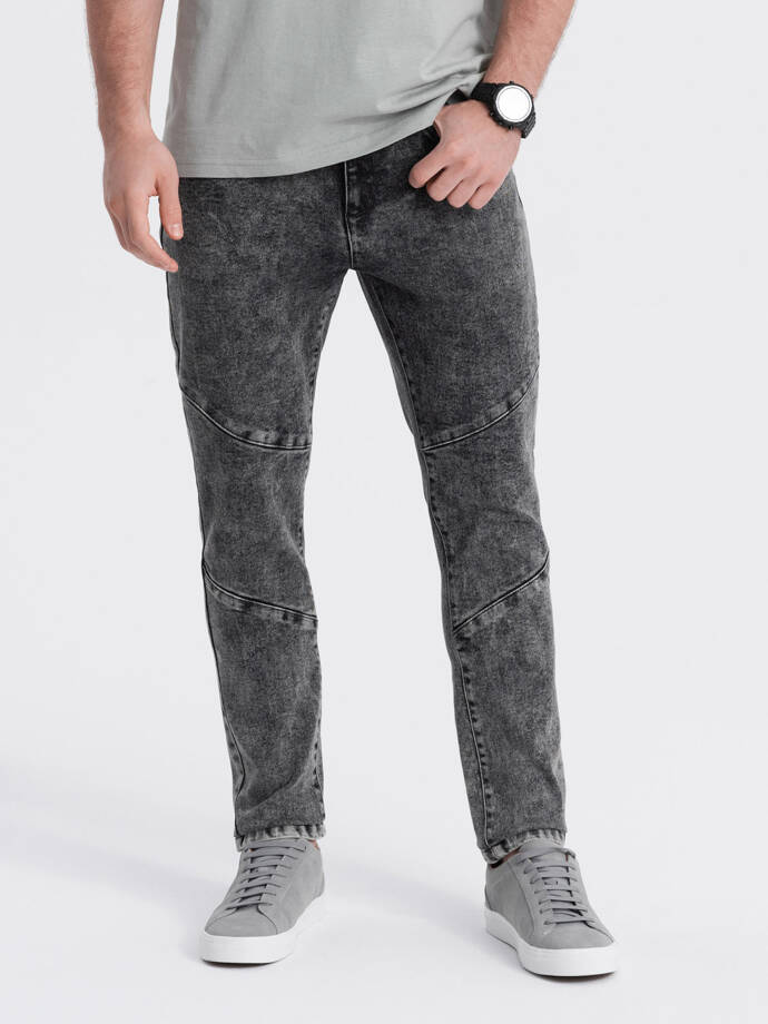 Men's slim fit denim pants with stitching at the knees - grey V3 OM-PADP-0109