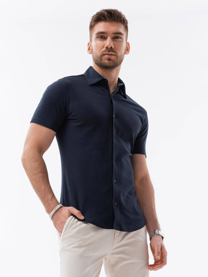 Men's slim fit knit shirt with short sleeves and collar - navy blue V2 OM-SHSS-0100