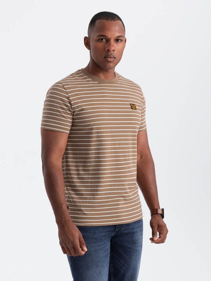 Men's striped t-shirt with Ombre Design patch - brown and white V7 OM-TSCT-0183