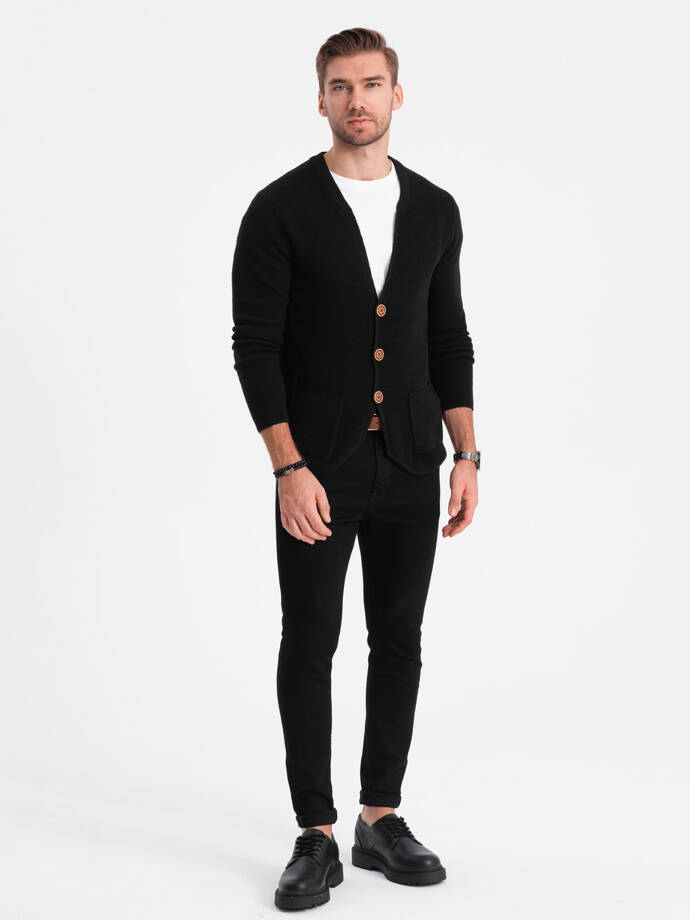 Men's structured cardigan sweater with pockets - black V1 OM-SWCD-0109