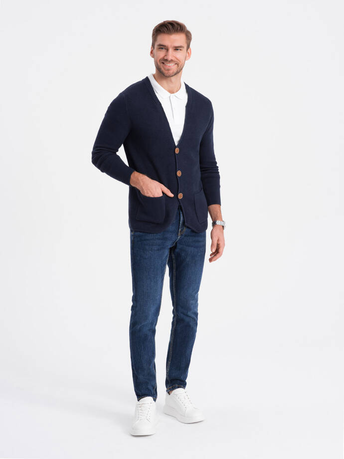 Men's structured cardigan sweater with pockets - navy blue V3 OM-SWCD-0109