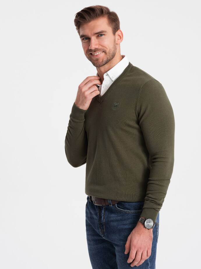 Men's sweater with v-neck with shirt collar - dark olive V5 OM-SWSW-0102