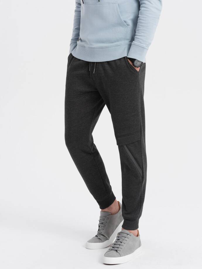 Men's sweatpants with stitching and zipper on leg - graphite melange V2 OM-PASK-0147