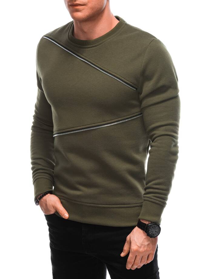 Men's sweatshirt with decorative zippers OM-SSNZ-22FW-005 - dark olive V2 