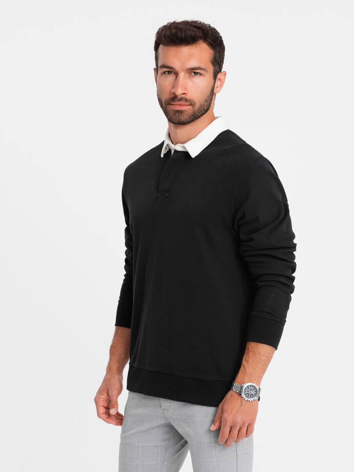 Men's sweatshirt with white polo collar - black V6 OM-SSNZ-0132