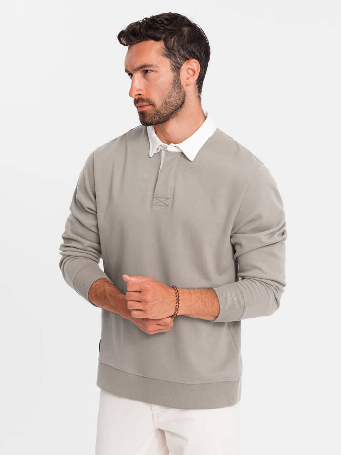 Men's sweatshirt with white polo collar - dark beige V2 OM-SSNZ-0132
