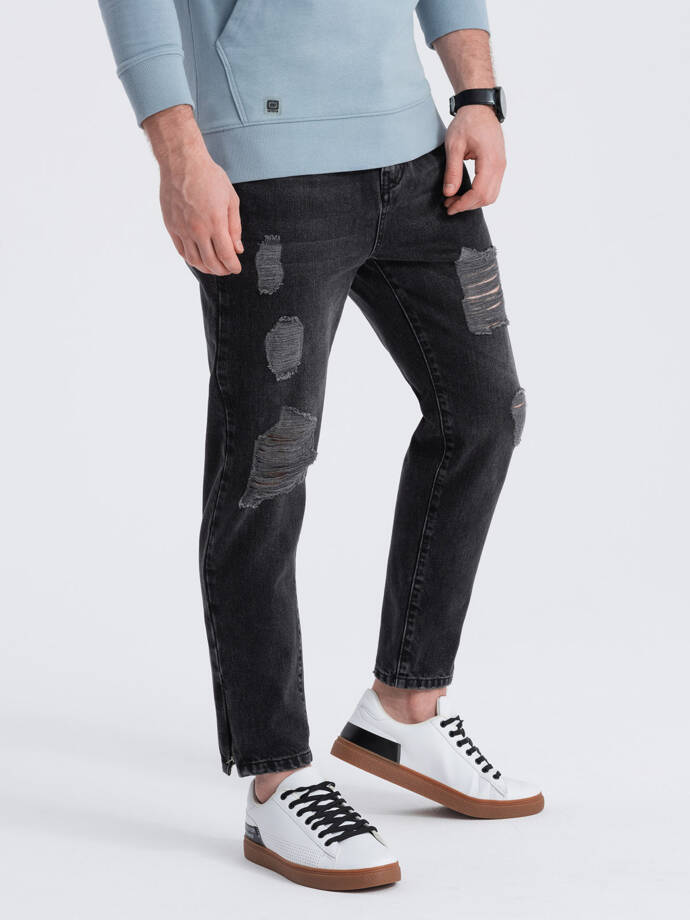 Men's taper fit denim pants with holes - black V2 P1028