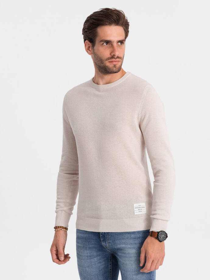 Men's textured sweater with half round neckline - beige V6 OM-SWSW-0104