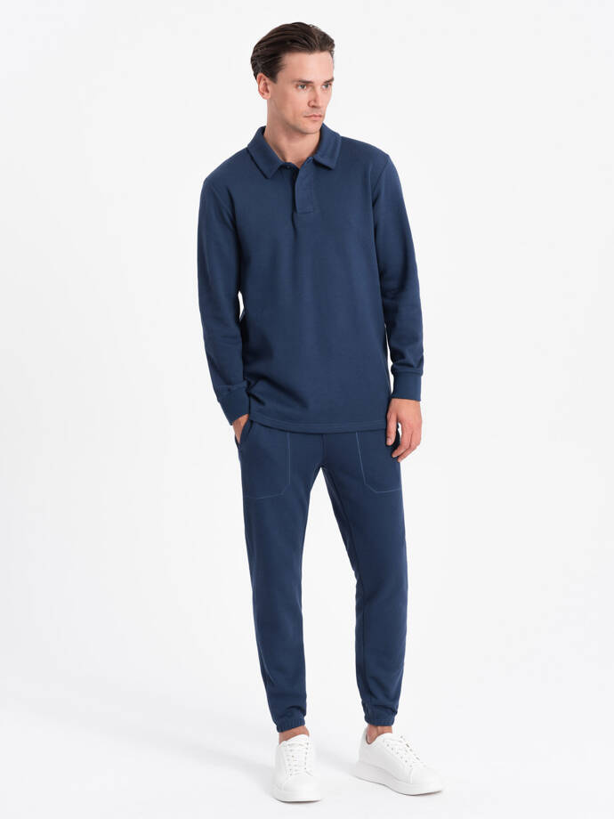 Men's tracksuit set sweatshirt with polo collar + pants - navy blue V5 Z71