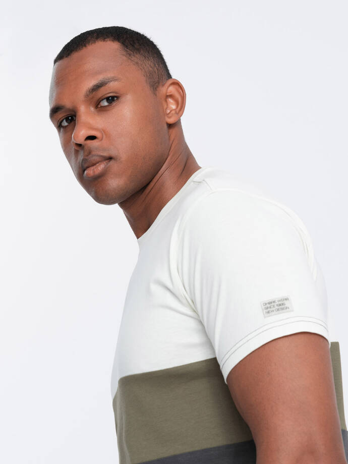 Men's tricolor T-shirt with wide stripes - cream and graphite V6 OM-TSCT-0152