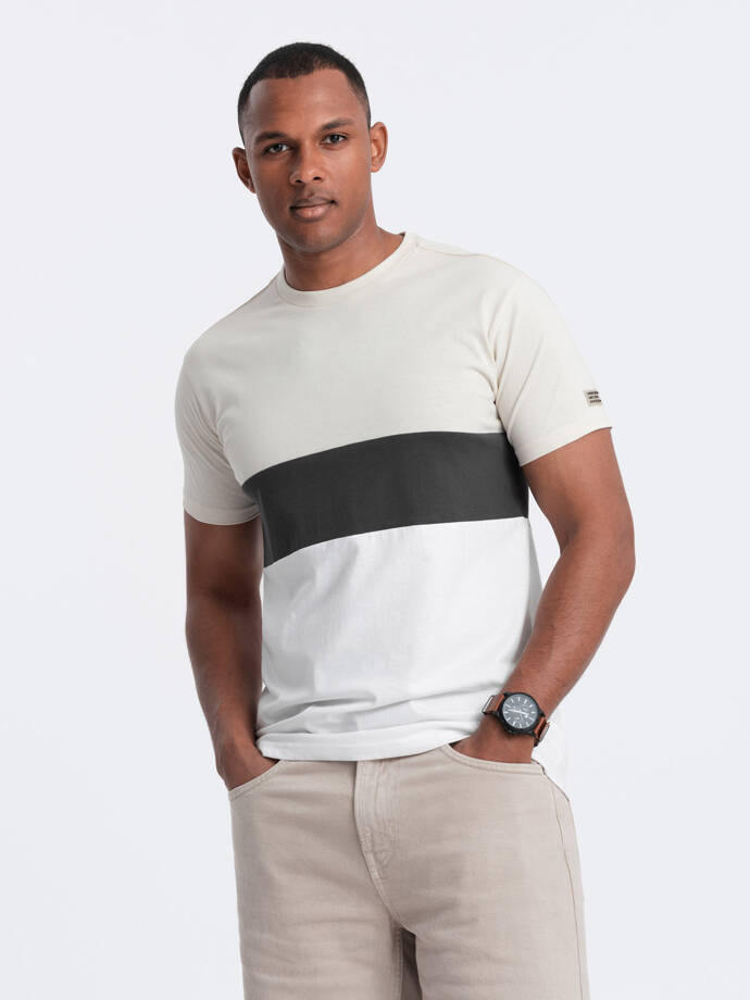 Men's tricolor T-shirt with wide stripes - cream and white V2 OM-TSCT-0152
