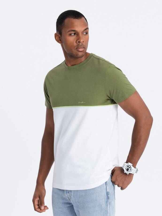 Men's two-tone cotton T-shirt - olive and white V5 S1619