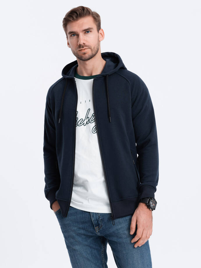 Men's unbuttoned hooded sweatshirt - navy blue V4 OM-SSZP-0124