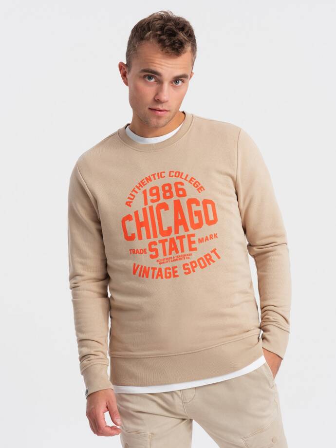 Men's unbuttoned sweatshirt with collegiate print - sand V1 OM-SSPS-0154