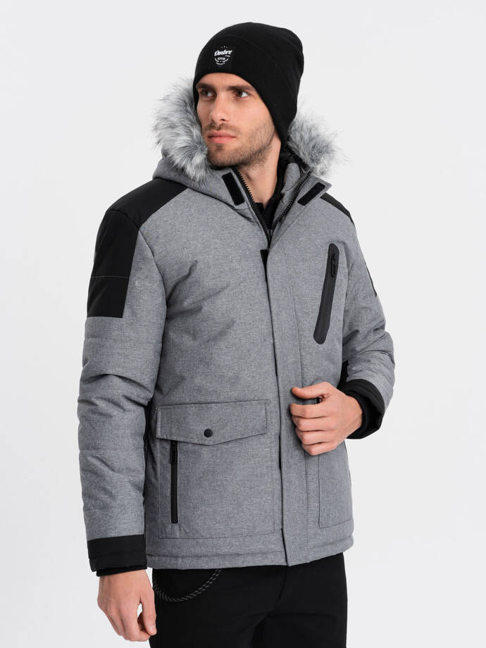 Men's winter jacket with adjustable hood with detachable fur - grey and black V1 OM-JAHP-0144