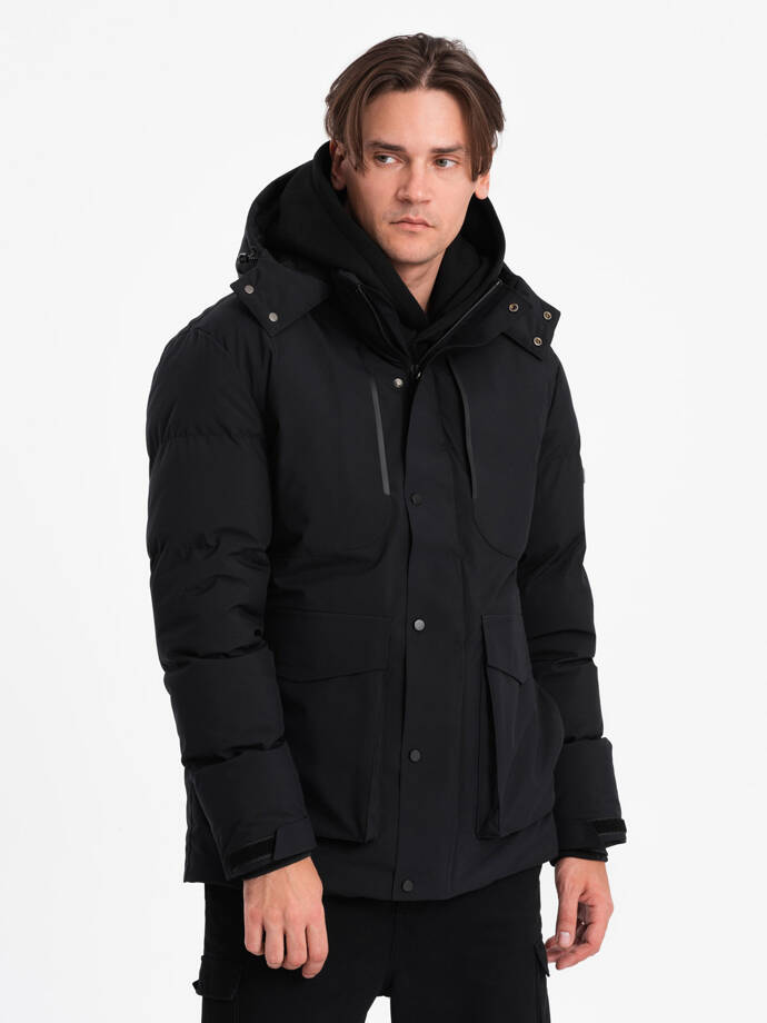 Men's winter jacket with detachable hood and cargo pockets - black V3 OM-JAHP-0152